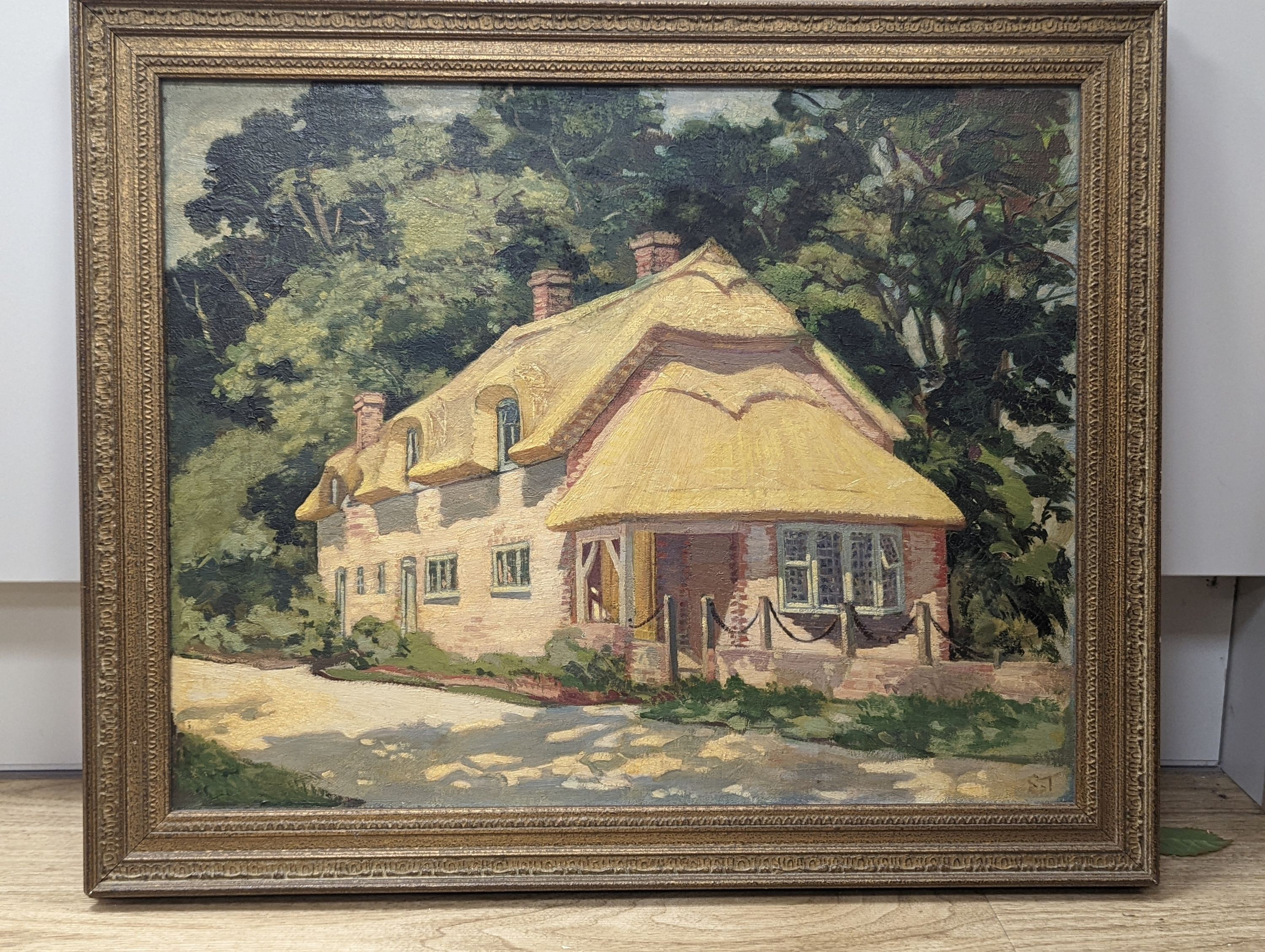 S. T. , English School, oil on canvas, Thatched cottage, initialled S T, 39.5 x 49.5cm
